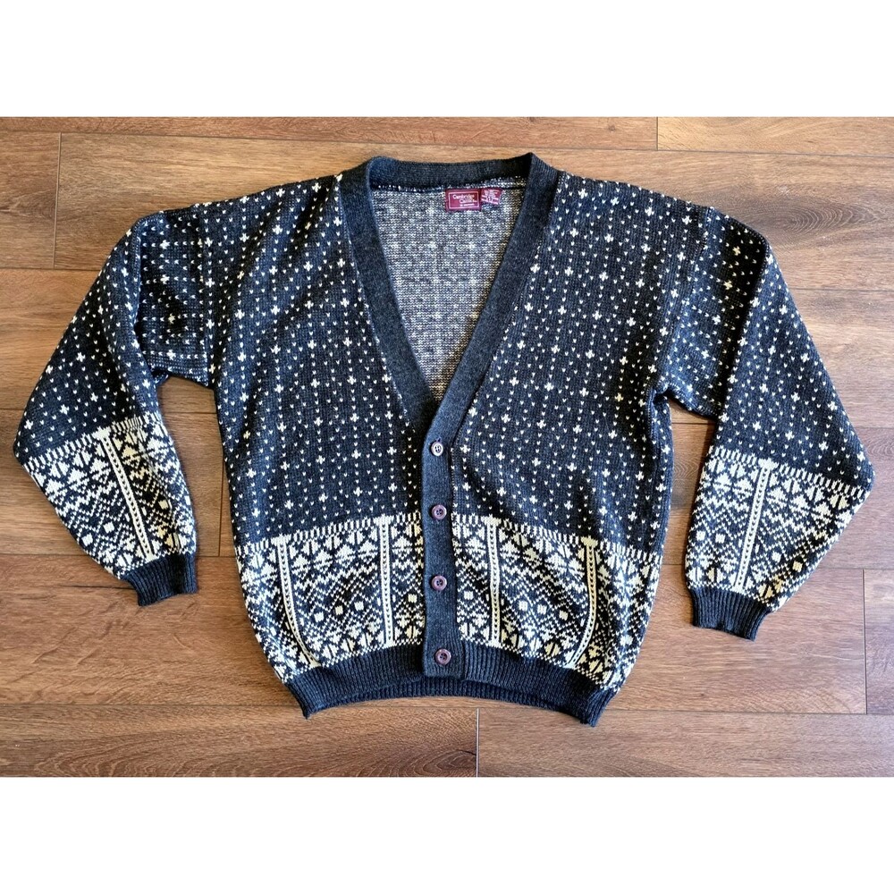 Fair Isle Cardigan Sweater Mens L Nordic Wool Grandpa Cabincore 90s Unisex VTG